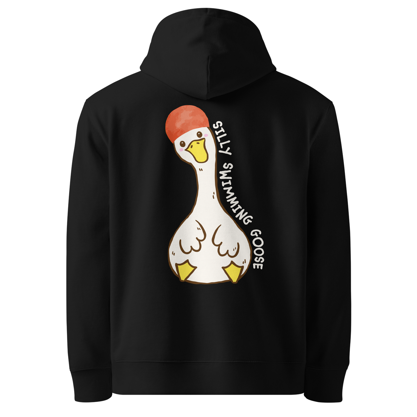 Organic hoodie in black by Lane Line Threads with a Silly Swimming Goose graphic on the back, made from GOTS and OCS certified organic cotton.