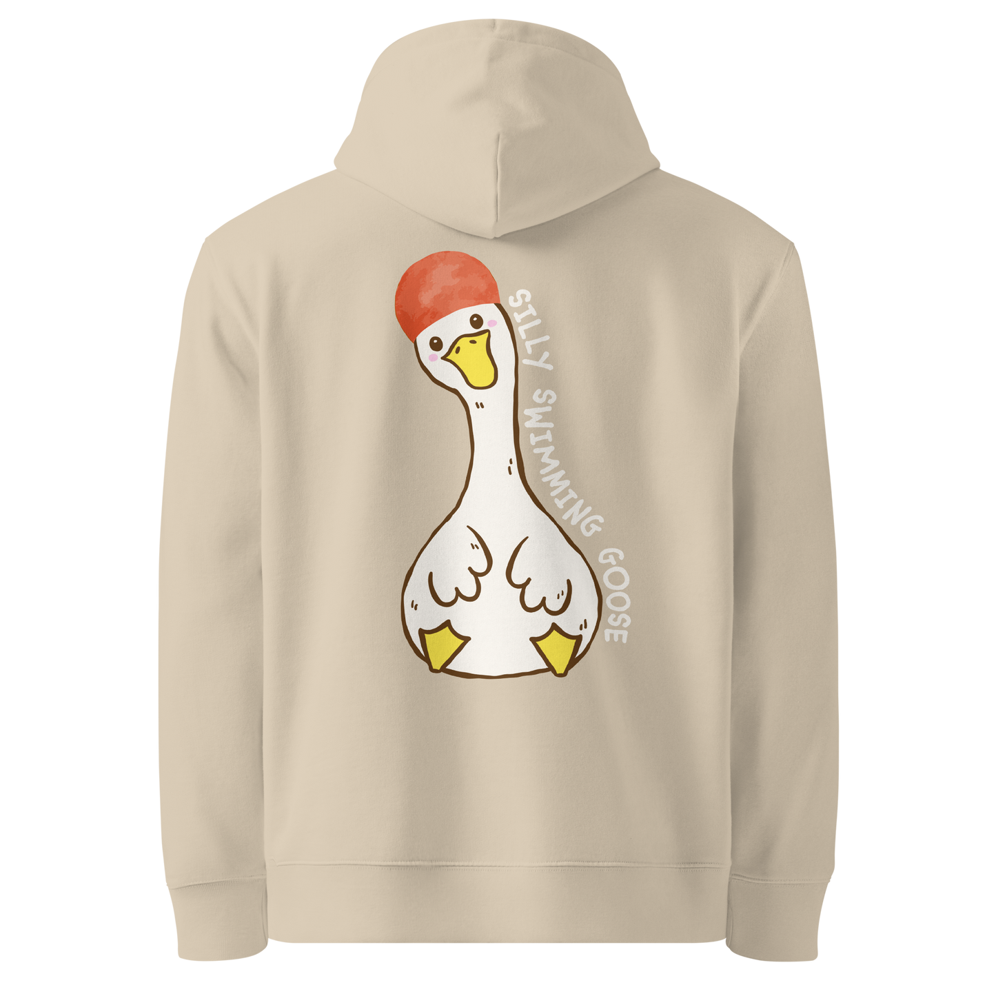 Organic hoodie in beige by Lane Line Threads with a Silly Swimming Goose graphic on the back, made from GOTS and OCS certified organic cotton.