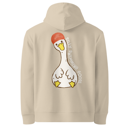 Organic hoodie in beige by Lane Line Threads with a Silly Swimming Goose graphic on the back, made from GOTS and OCS certified organic cotton.