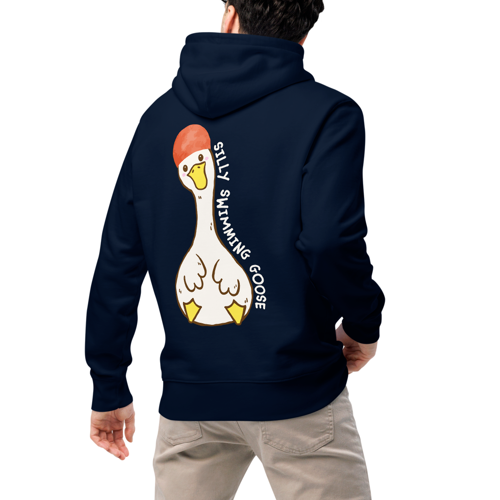 A man shown from the back wearing an organic hoodie in navy by Lane Line Threads with a Silly Swimming Goose graphic on the back, made from GOTS and OCS certified organic cotton.