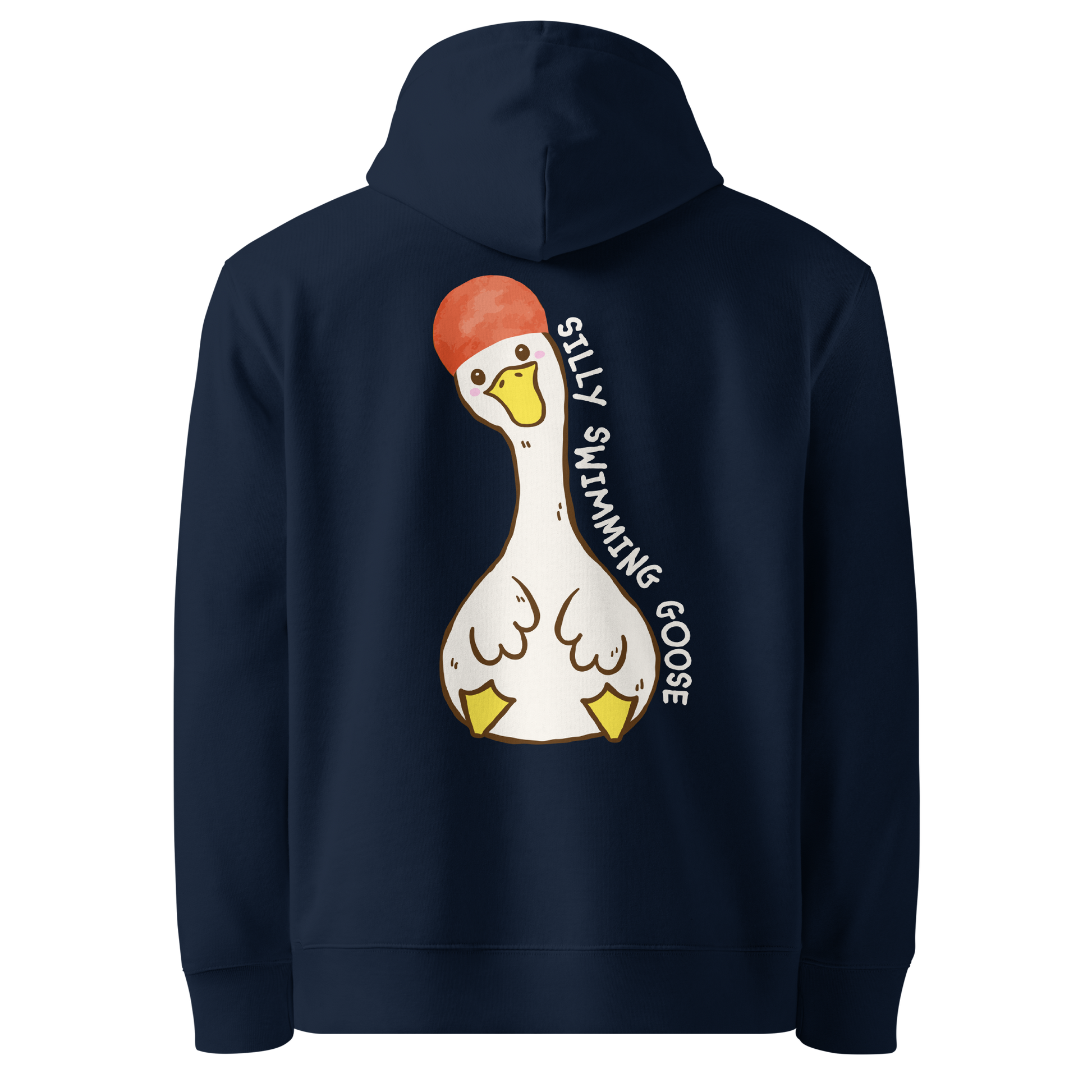 Organic hoodie in navy by Lane Line Threads with a Silly Swimming Goose graphic on the back, made from GOTS and OCS certified organic cotton.