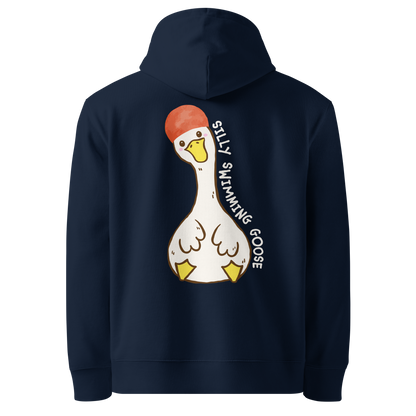 Organic hoodie in navy by Lane Line Threads with a Silly Swimming Goose graphic on the back, made from GOTS and OCS certified organic cotton.