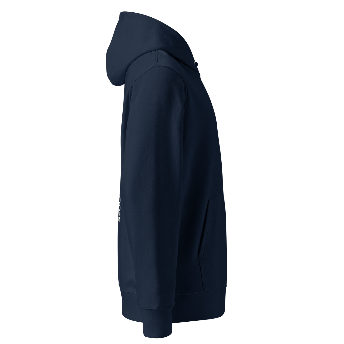 Organic hoodie in navy by Lane Line Threads with a Silly Swimming Goose graphic on the back, made from GOTS and OCS certified organic cotton showing from the right side