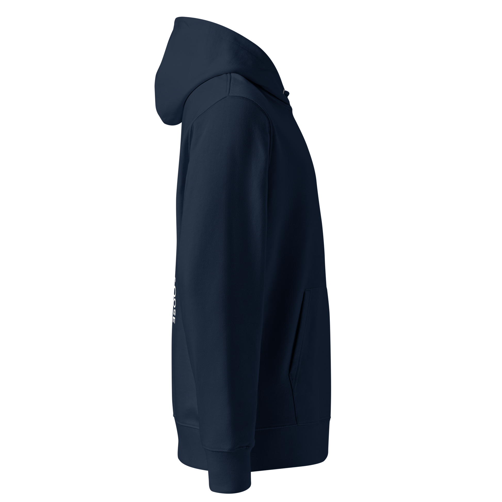 Organic hoodie in navy by Lane Line Threads with a Silly Swimming Goose graphic on the back, made from GOTS and OCS certified organic cotton showing from the right side