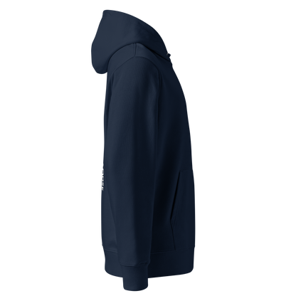 Organic hoodie in navy by Lane Line Threads with a Silly Swimming Goose graphic on the back, made from GOTS and OCS certified organic cotton showing from the right side