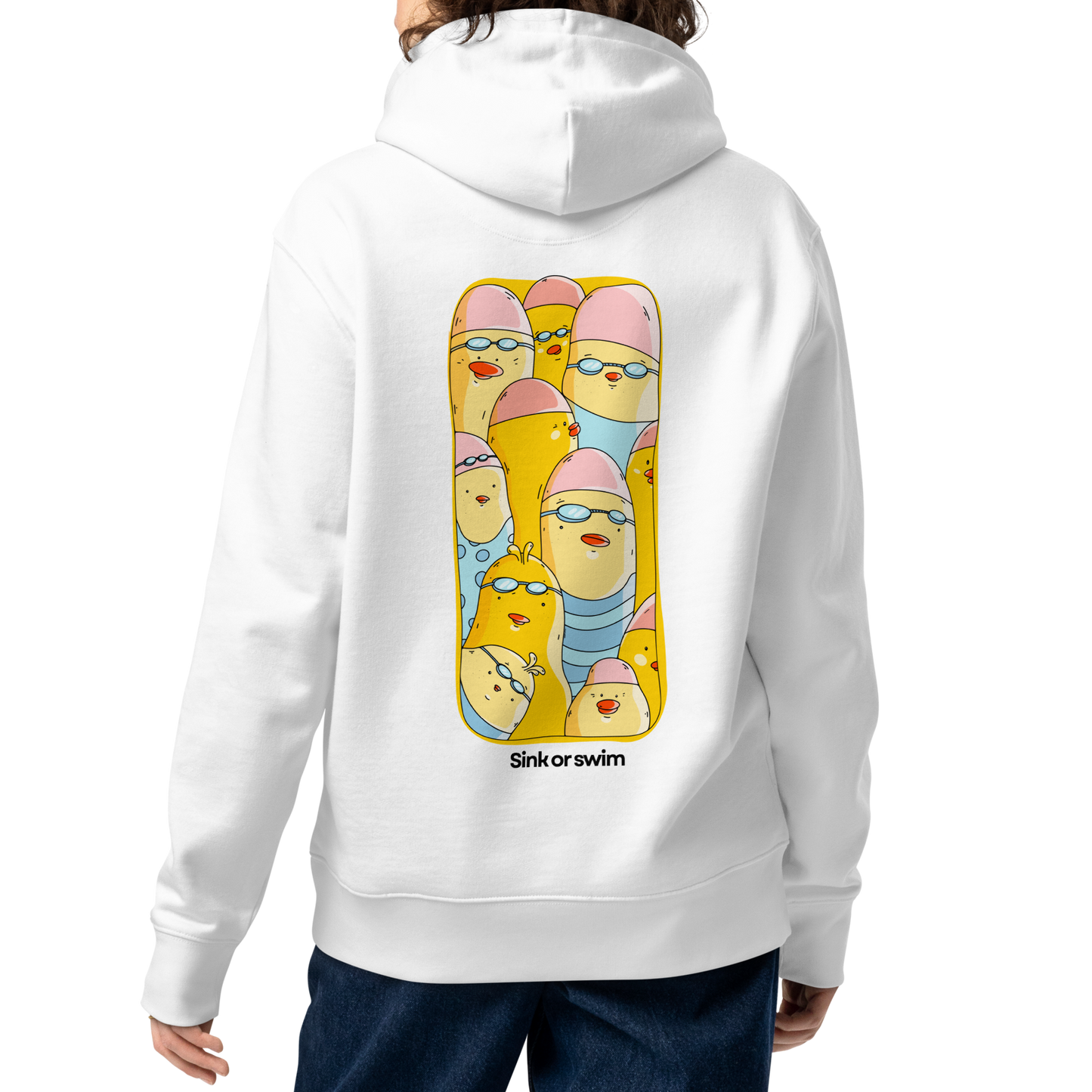A person shown from the back wearing a white organic hoodie by Lane Line Threads shown from the back, featuring a large graphic print of cartoon yellow swim chicks wearing pink caps and blue swim trunks, with the text 'Sink or swim' printed below the graphic.