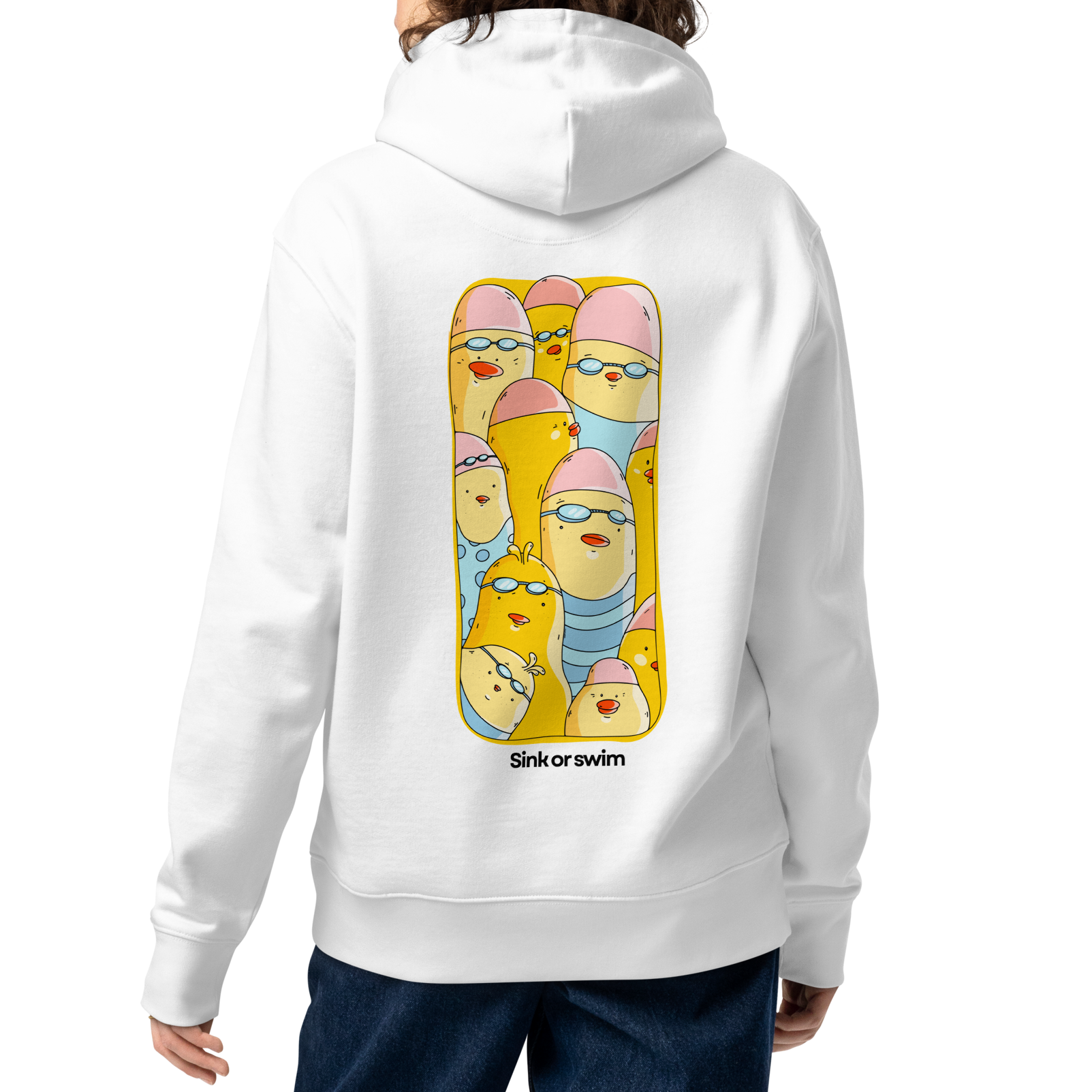A person shown from the back wearing a white organic hoodie by Lane Line Threads shown from the back, featuring a large graphic print of cartoon yellow swim chicks wearing pink caps and blue swim trunks, with the text 'Sink or swim' printed below the graphic.