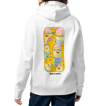 A person shown from the back wearing a white organic hoodie by Lane Line Threads shown from the back, featuring a large graphic print of cartoon yellow swim chicks wearing pink caps and blue swim trunks, with the text 'Sink or swim' printed below the graphic.