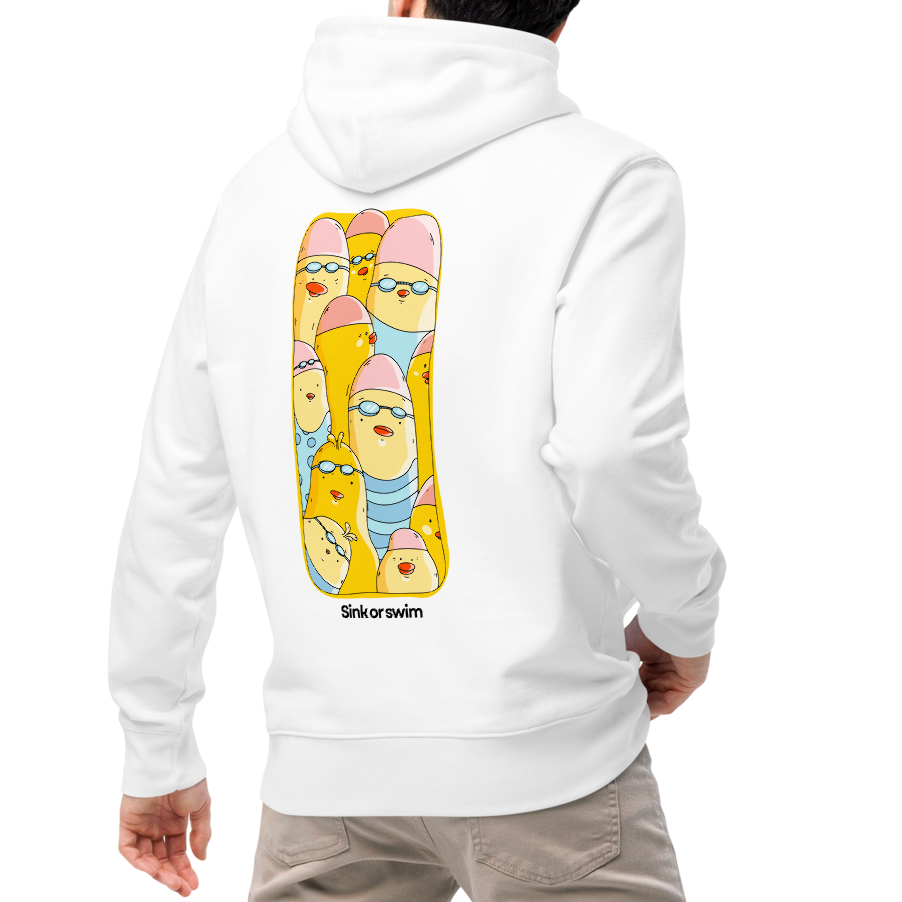A man wearing a white organic hoodie by Lane Line Threads shown from the back, featuring a large graphic print of cartoon yellow swim chicks wearing pink caps and blue swim trunks, with the text 'Sink or swim' printed below the graphic, paired with beige pants and white sneakers, shown from behind against a plain white background.