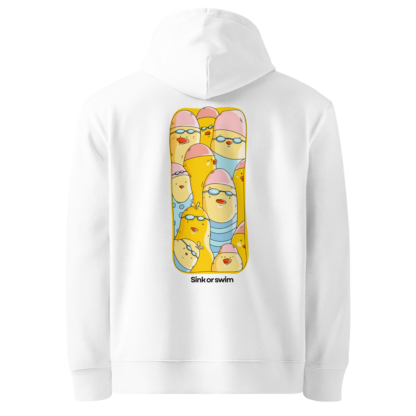 A white organic hoodie by Lane Line Threads shown from the back, featuring a large graphic print of cartoon yellow swim chicks wearing pink caps and blue swim trunks, with the text 'Sink or swim' printed below the graphic.