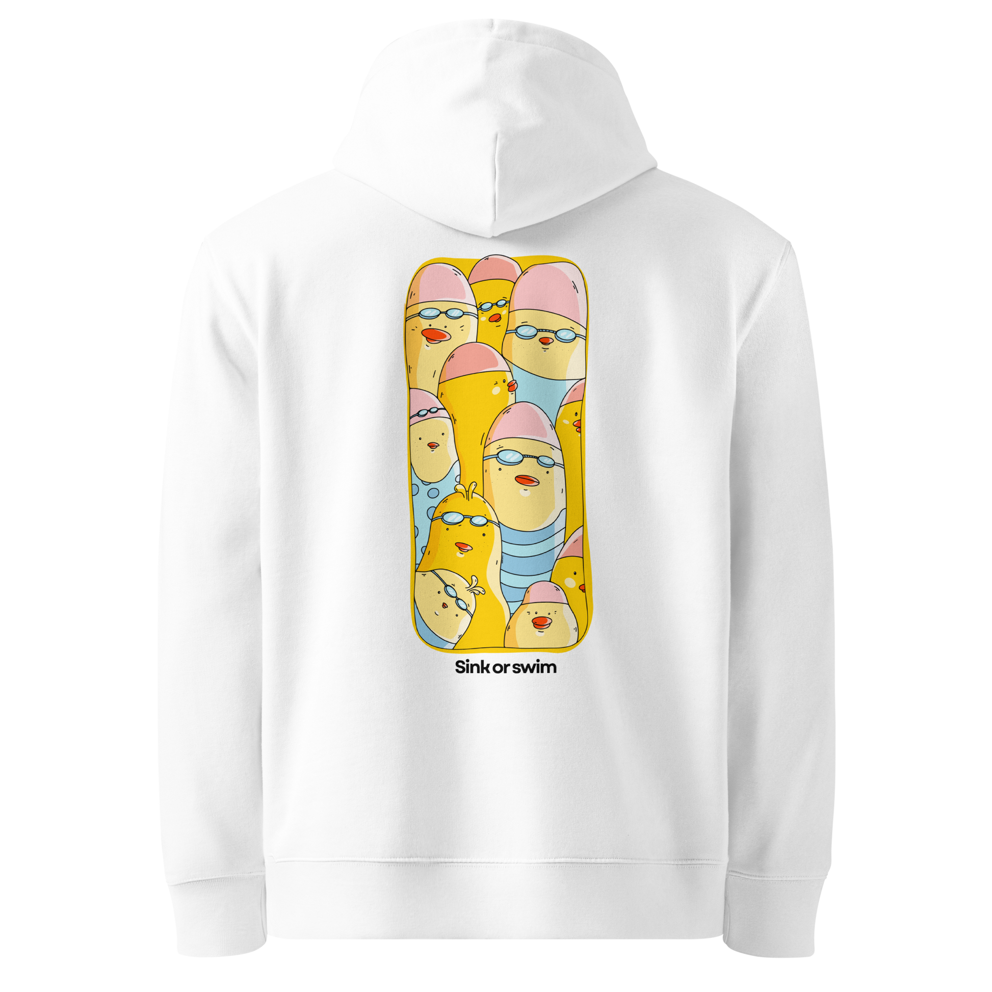 A white organic hoodie by Lane Line Threads shown from the back, featuring a large graphic print of cartoon yellow swim chicks wearing pink caps and blue swim trunks, with the text 'Sink or swim' printed below the graphic.