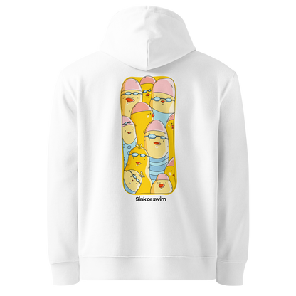 A white organic hoodie by Lane Line Threads shown from the back, featuring a large graphic print of cartoon yellow swim chicks wearing pink caps and blue swim trunks, with the text 'Sink or swim' printed below the graphic.