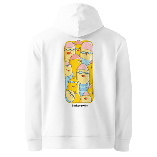 A white organic hoodie by Lane Line Threads shown from the back, featuring a large graphic print of cartoon yellow swim chicks wearing pink caps and blue swim trunks, with the text 'Sink or swim' printed below the graphic.