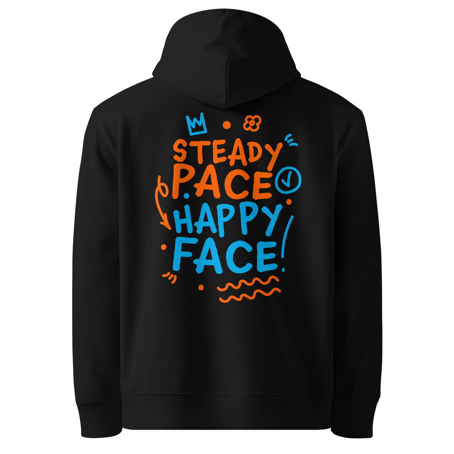 Organic hoodie black Lane Line Threads sweatshirt with Steady Pace Happy Face graphic in orange and blue for marathon swimmers