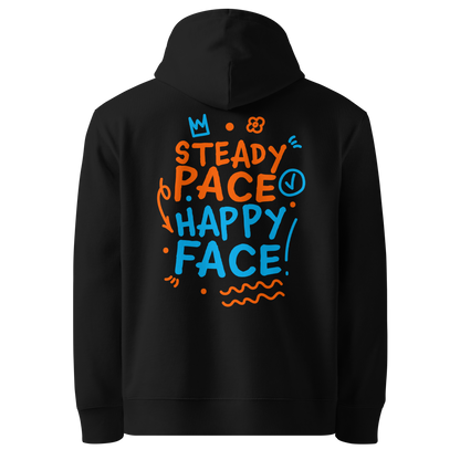 Organic hoodie black Lane Line Threads sweatshirt with Steady Pace Happy Face graphic in orange and blue for marathon swimmers