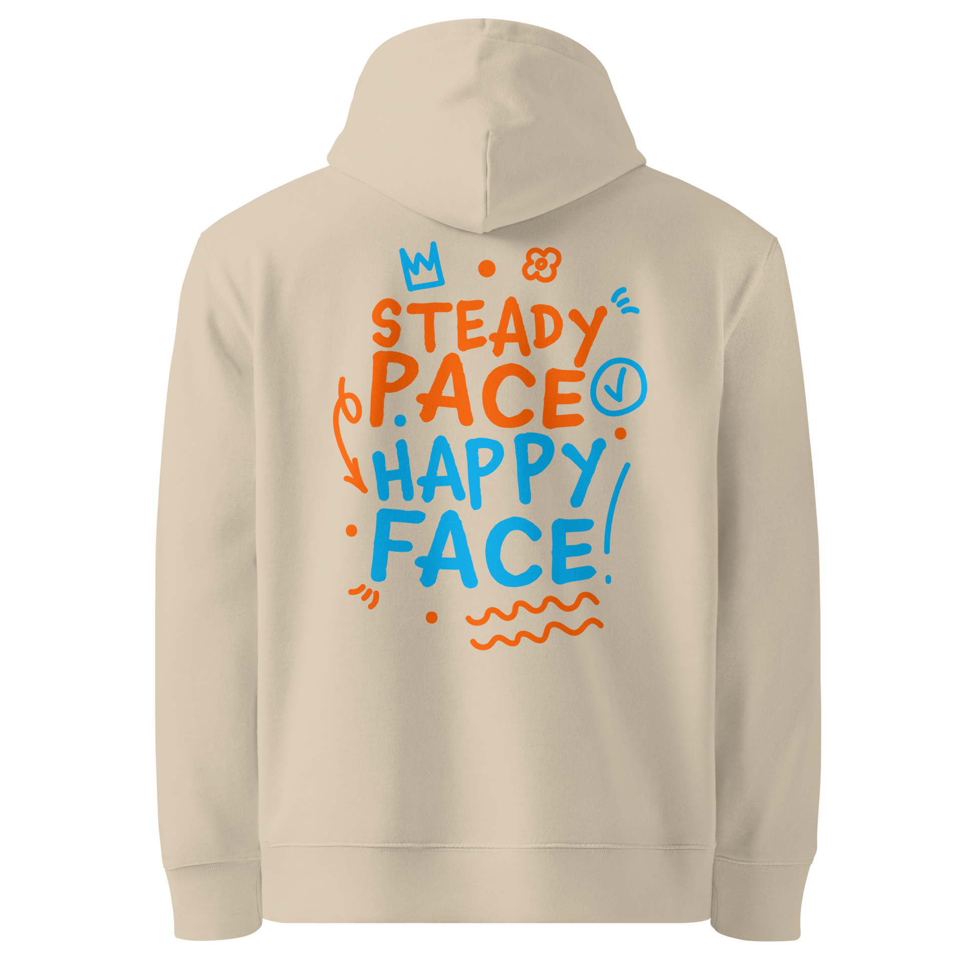 Organic hoodie beige Lane Line Threads sweatshirt with Steady Pace Happy Face graphic in orange and blue for marathon swimmers