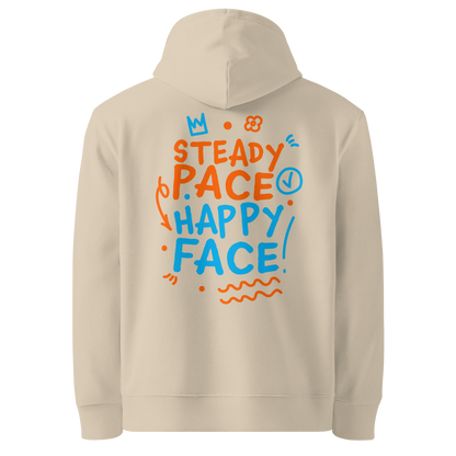 Organic hoodie beige Lane Line Threads sweatshirt with Steady Pace Happy Face graphic in orange and blue for marathon swimmers