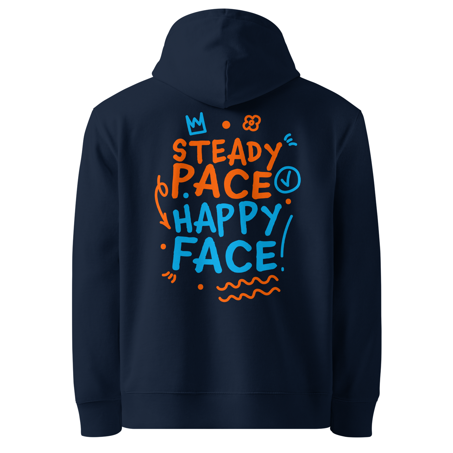 Organic hoodie blue navy Lane Line Threads sweatshirt with Steady Pace Happy Face graphic in orange and blue for marathon swimmers
