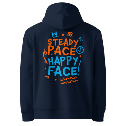 Organic hoodie blue navy Lane Line Threads sweatshirt with Steady Pace Happy Face graphic in orange and blue for marathon swimmers