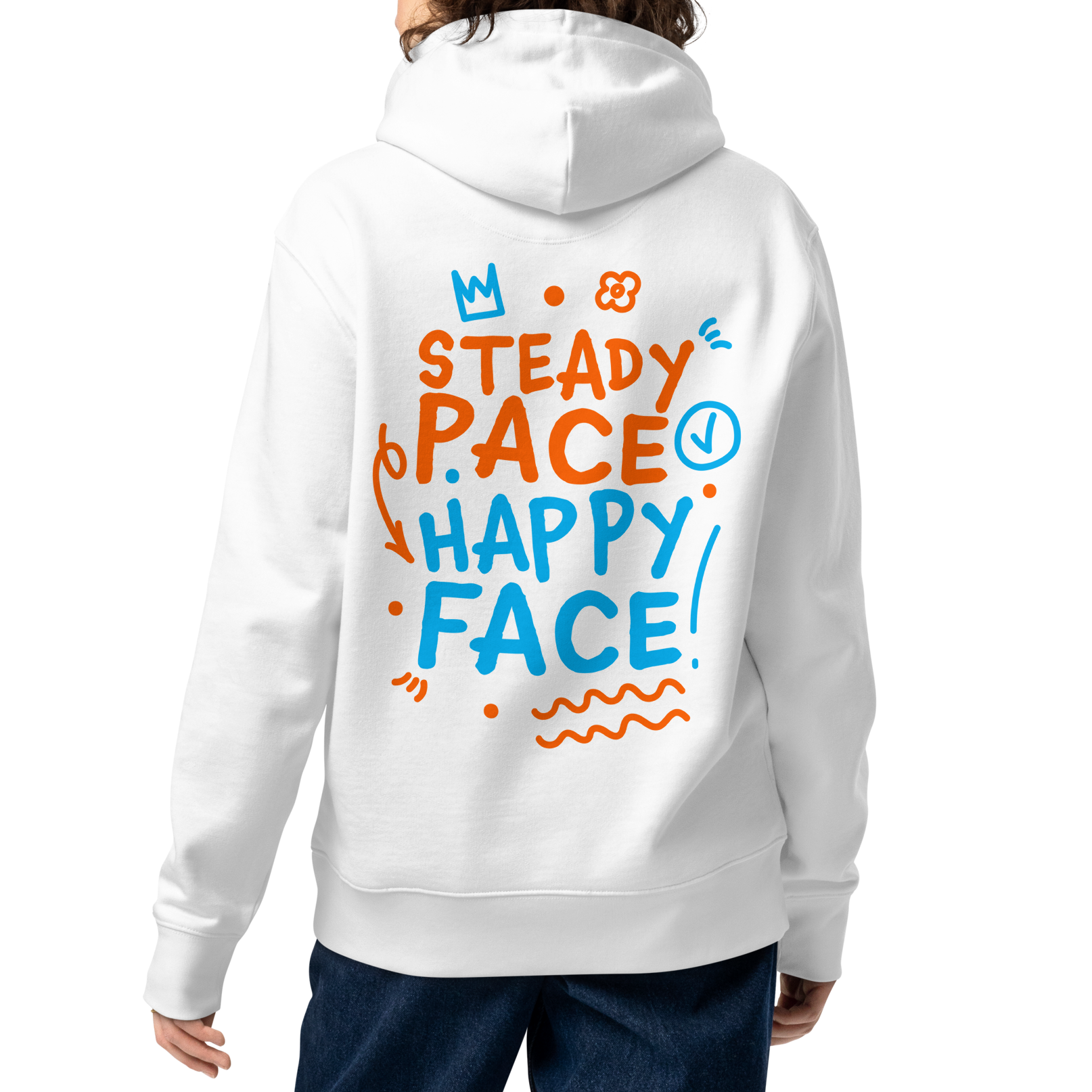 A woman model shown from the back wearing an organic hoodie white Lane Line Threads sweatshirt with Steady Pace Happy Face graphic in orange and blue for marathon swimmers