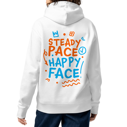 A woman model shown from the back wearing an organic hoodie white Lane Line Threads sweatshirt with Steady Pace Happy Face graphic in orange and blue for marathon swimmers
