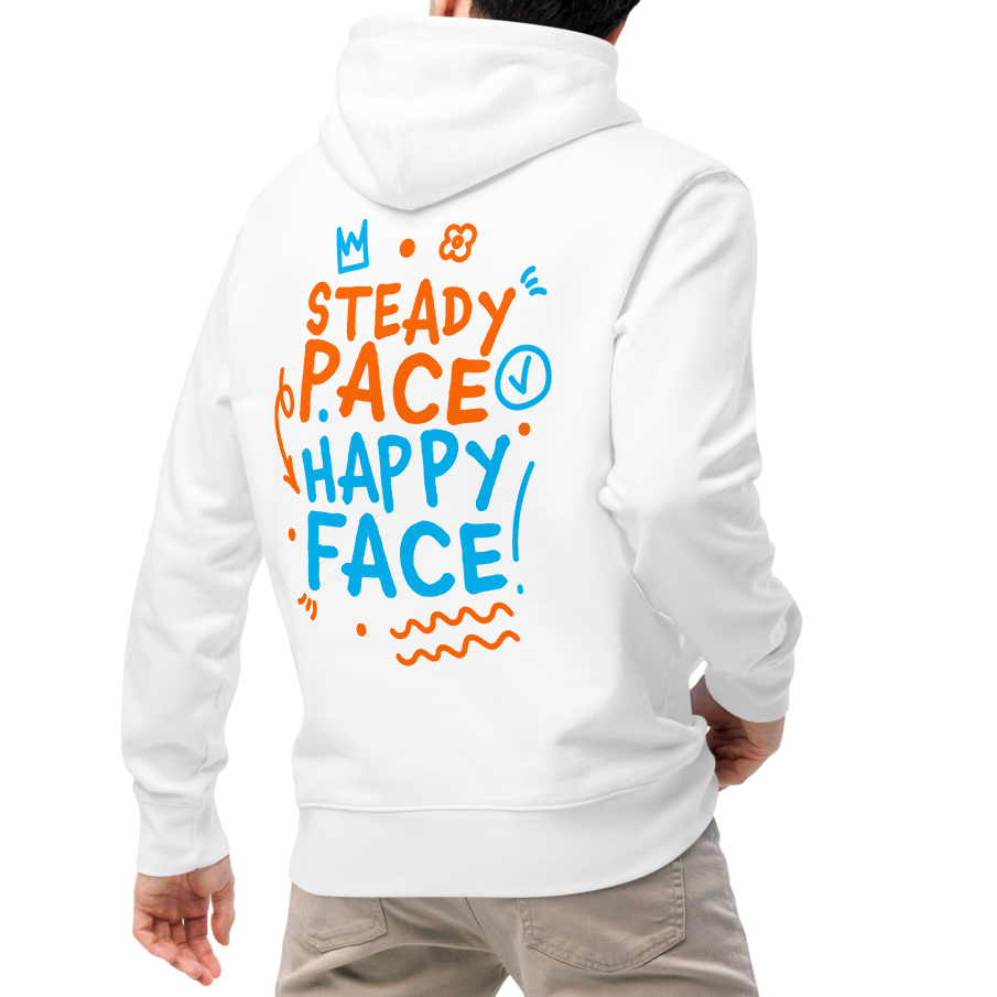 Person wearing an organic hoodie white Lane Line Threads sweatshirt with Steady Pace Happy Face graphic in orange and blue for marathon swimmers