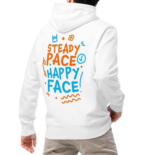 Person wearing an organic hoodie white Lane Line Threads sweatshirt with Steady Pace Happy Face graphic in orange and blue for marathon swimmers