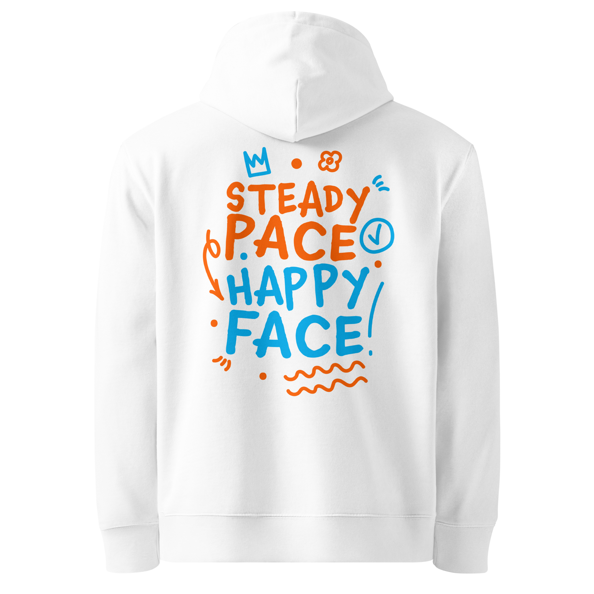 Organic hoodie white Lane Line Threads sweatshirt with Steady Pace Happy Face graphic in orange and blue for marathon swimmers