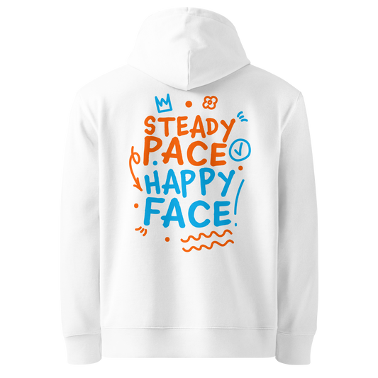 Organic hoodie white Lane Line Threads sweatshirt with Steady Pace Happy Face graphic in orange and blue for marathon swimmers