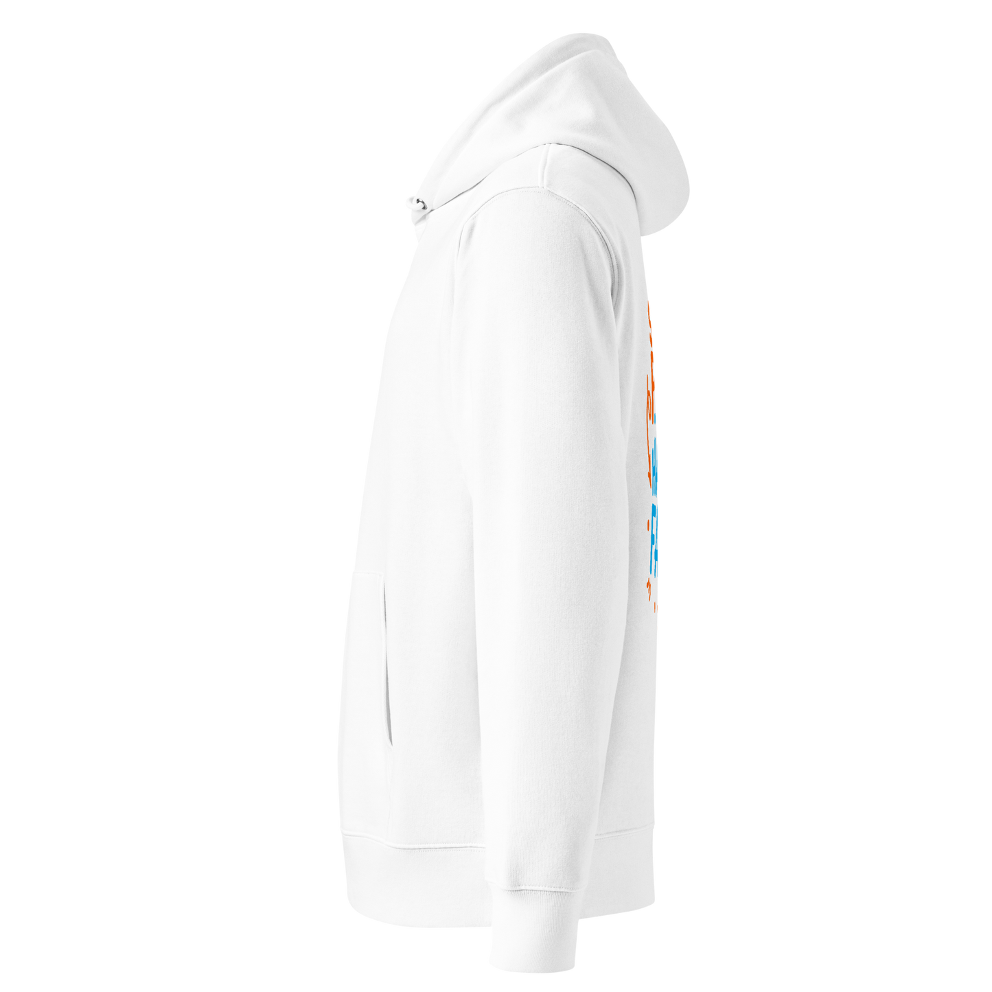Organic hoodie white Lane Line Threads sweatshirt with Steady Pace Happy Face graphic in orange and blue for marathon swimmers shown from the left side.
