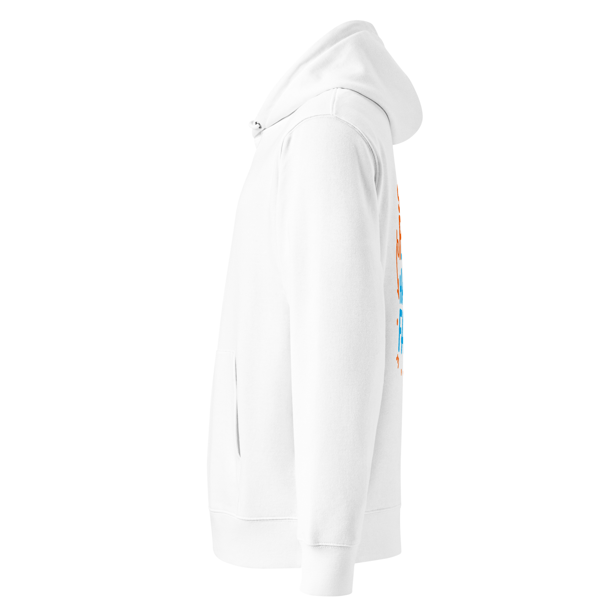 Organic hoodie white Lane Line Threads sweatshirt with Steady Pace Happy Face graphic in orange and blue for marathon swimmers shown from the left side.