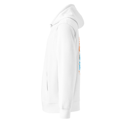 Organic hoodie white Lane Line Threads sweatshirt with Steady Pace Happy Face graphic in orange and blue for marathon swimmers shown from the left side.