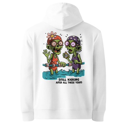 Organic hoodie in white with cartoon zombie swimmers and “Still Kicking After All These Years” Halloween graphic by Lane Line Threads, GOTS & OCS certified cotton.