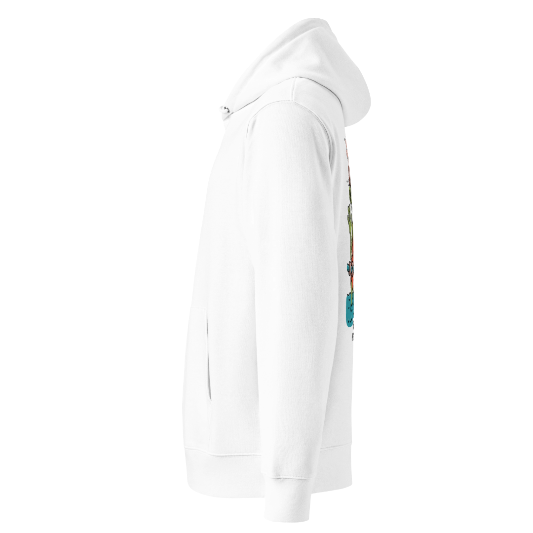 Organic hoodie in white with cartoon zombie swimmers and “Still Kicking After All These Years” Halloween graphic by Lane Line Threads, GOTS & OCS certified cotton shown from the left side