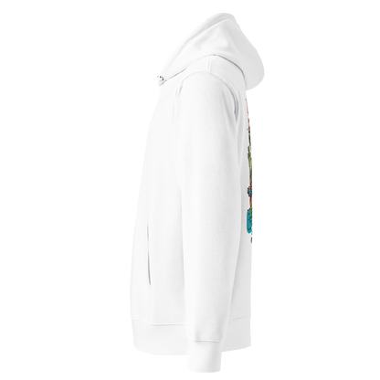 Organic hoodie in white with cartoon zombie swimmers and “Still Kicking After All These Years” Halloween graphic by Lane Line Threads, GOTS & OCS certified cotton shown from the left side
