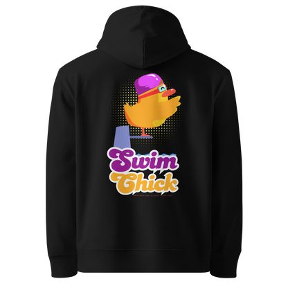 organic hoodie in black with colorful Swim Chick duck swimmer graphic on the back, made from GOTS and OCS certified organic cotton
