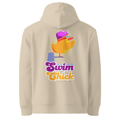 organic hoodie in beige with colorful Swim Chick duck swimmer graphic on the back, made from GOTS and OCS certified organic cotton