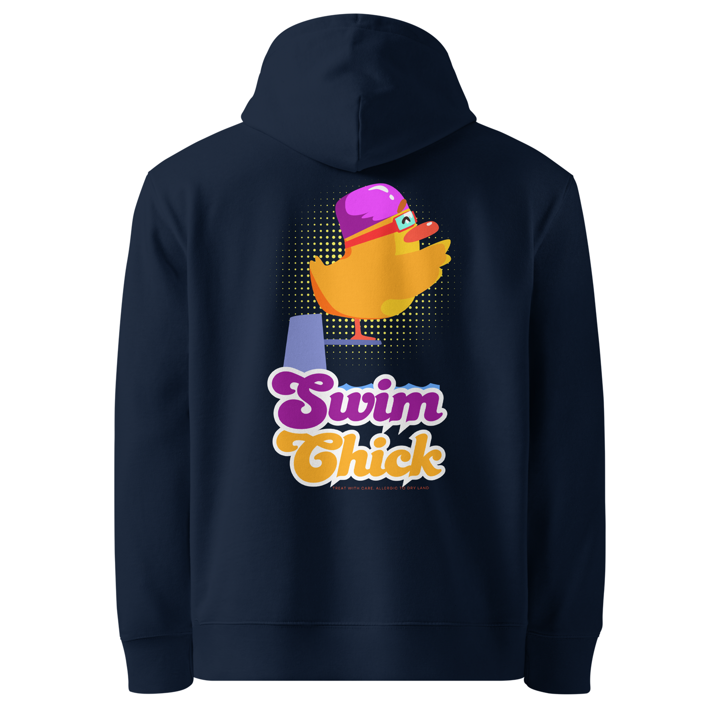 organic hoodie in navy blue with colorful Swim Chick duck swimmer graphic on the back, made from GOTS and OCS certified organic cotton
