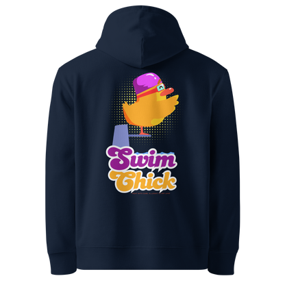 organic hoodie in navy blue with colorful Swim Chick duck swimmer graphic on the back, made from GOTS and OCS certified organic cotton