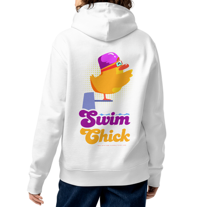 A female model shown from the back wearing an organic hoodie in white with colorful Swim Chick duck swimmer graphic on the back, made from GOTS and OCS certified organic cotton