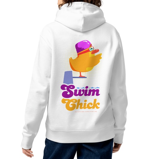 A female model shown from the back wearing an organic hoodie in white with colorful Swim Chick duck swimmer graphic on the back, made from GOTS and OCS certified organic cotton