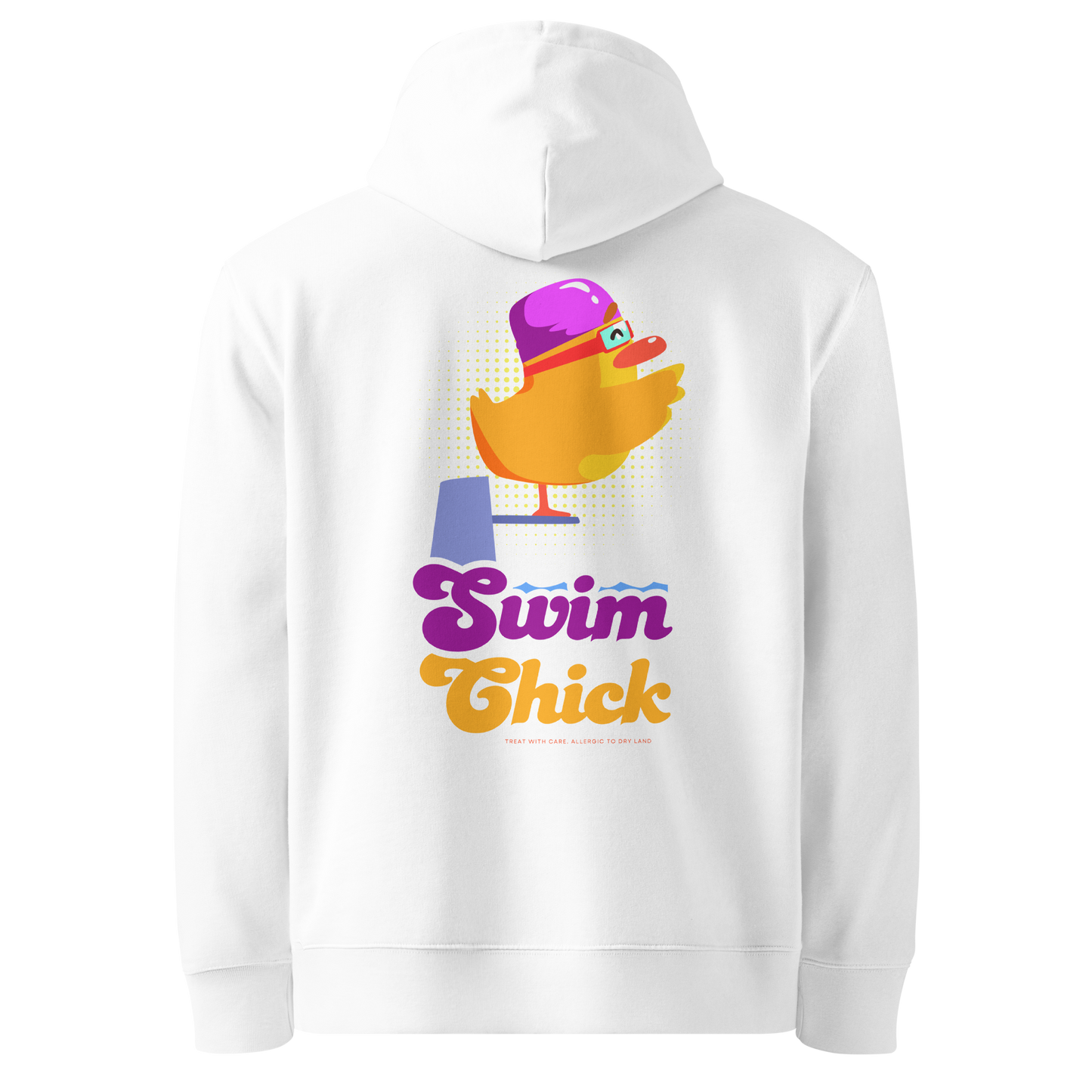 organic hoodie in white with colorful Swim Chick duck swimmer graphic on the back, made from GOTS and OCS certified organic cotton