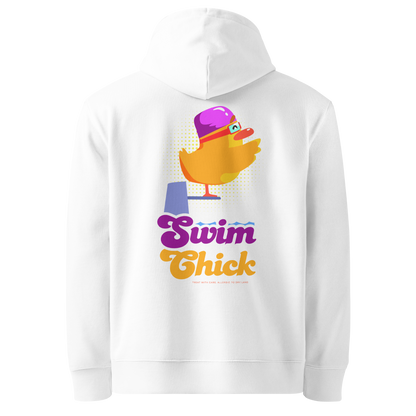 organic hoodie in white with colorful Swim Chick duck swimmer graphic on the back, made from GOTS and OCS certified organic cotton