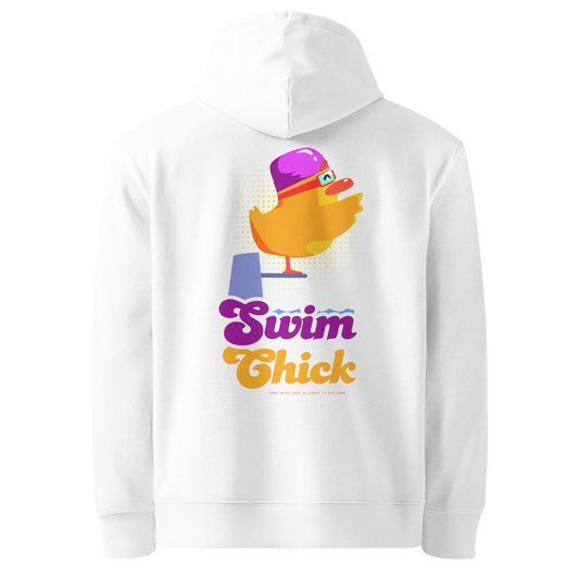 organic hoodie in white with colorful Swim Chick duck swimmer graphic on the back, made from GOTS and OCS certified organic cotton