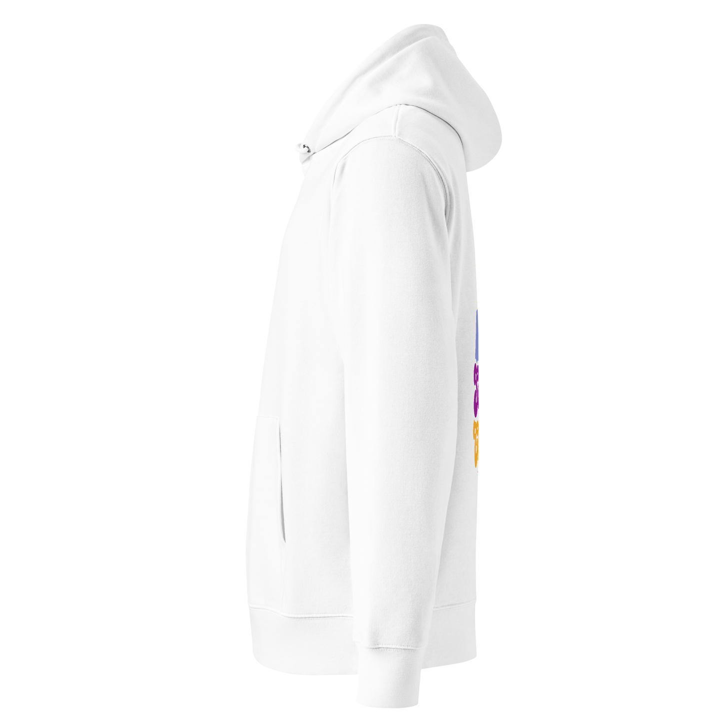 organic hoodie in white with colorful Swim Chick duck swimmer graphic on the back, made from GOTS and OCS certified organic cotton shown from the left side