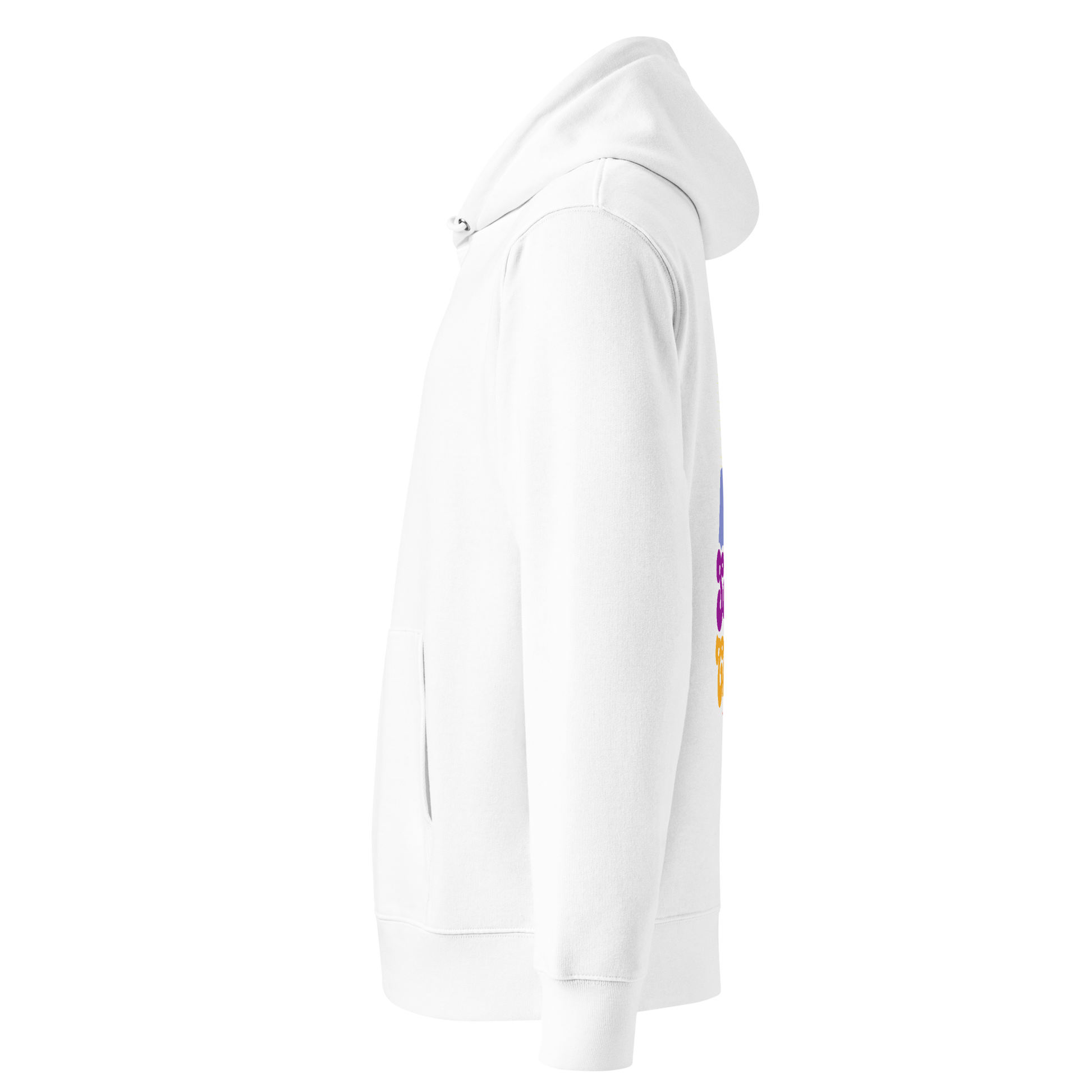 organic hoodie in white with colorful Swim Chick duck swimmer graphic on the back, made from GOTS and OCS certified organic cotton shown from the left side