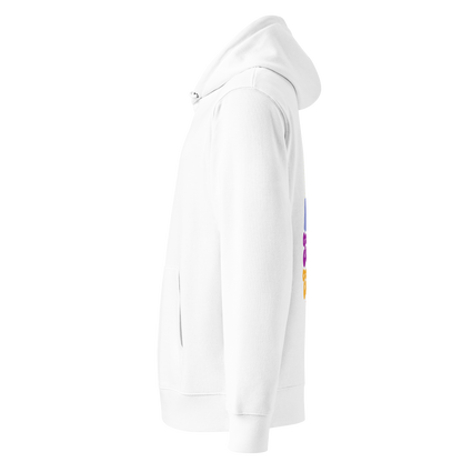 organic hoodie in white with colorful Swim Chick duck swimmer graphic on the back, made from GOTS and OCS certified organic cotton shown from the left side
