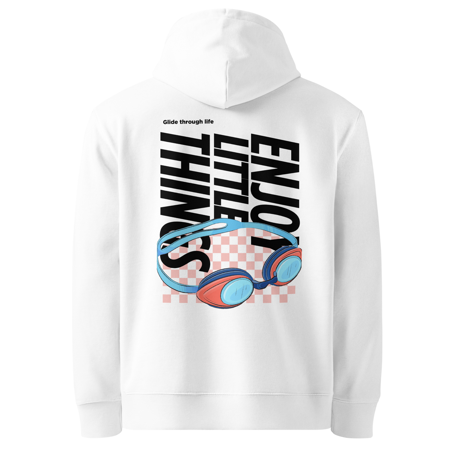 organic hoodie in white with colorful swim goggles and bold graphic text on the back, made from GOTS and OCS certified organic cotton