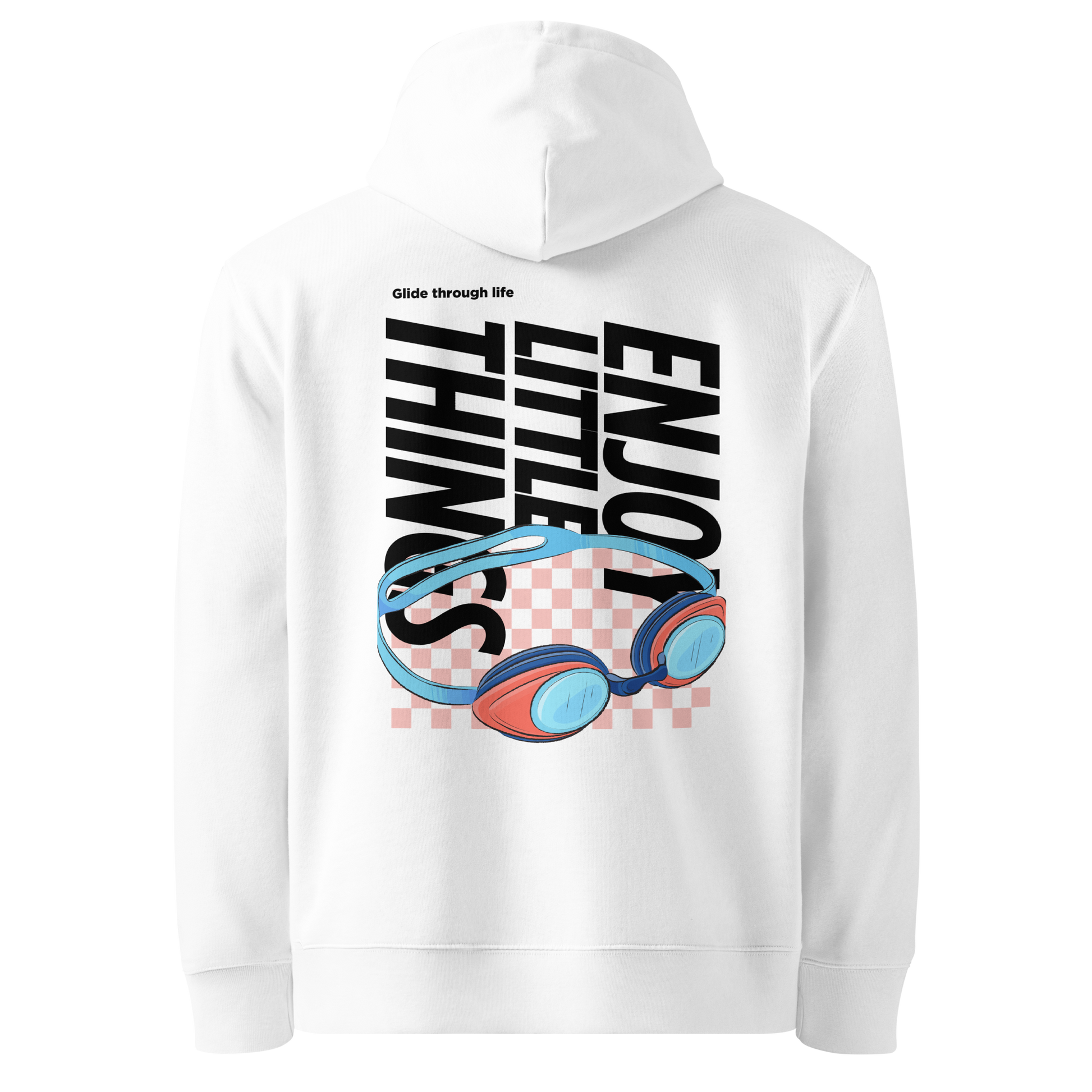 organic hoodie in white with colorful swim goggles and bold graphic text on the back, made from GOTS and OCS certified organic cotton