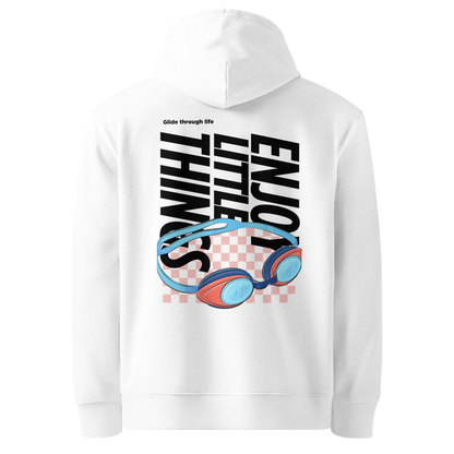organic hoodie in white with colorful swim goggles and bold graphic text on the back, made from GOTS and OCS certified organic cotton
